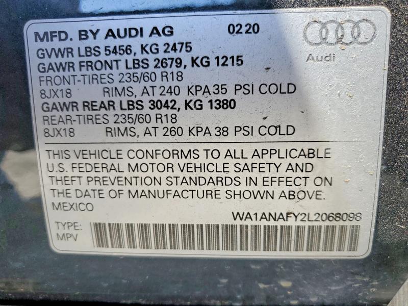2020 Audi Q5 მანქანა იყიდება აუქციონზე, vin: WA1ANAFY2L2068098, აუქციონის ნომერი: 55465486