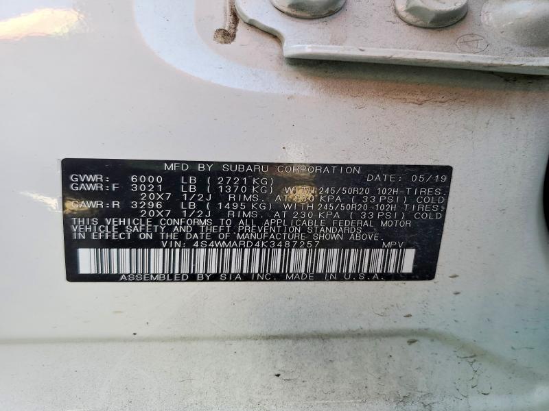 2019 Subaru Ascent მანქანა იყიდება აუქციონზე, vin: 4S4WMARD4K3487257, აუქციონის ნომერი: 56456836