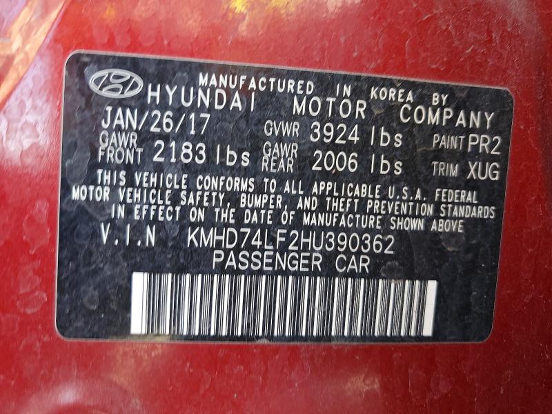 2017 Hyundai Elantra მანქანა იყიდება აუქციონზე, vin: KMHD74LF2HU390362, აუქციონის ნომერი: 56712376