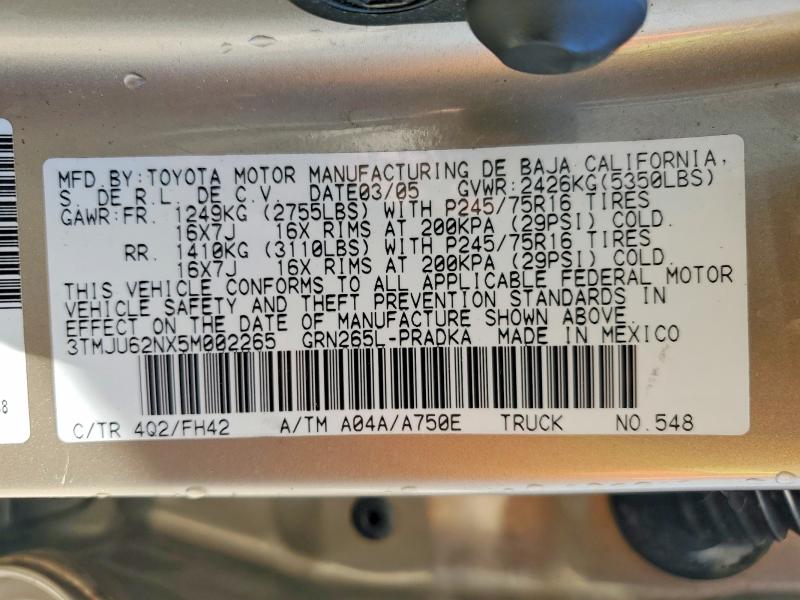 2005 Toyota Tacoma მანქანა იყიდება აუქციონზე, vin: 3TMJU62NX5M002265, აუქციონის ნომერი: 56263636