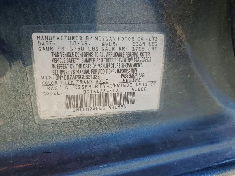 58656176 :رقم المزاد ، 3N1CN7AP6GL831926 vin ، 2016 Nissan Versa مزاد بيع