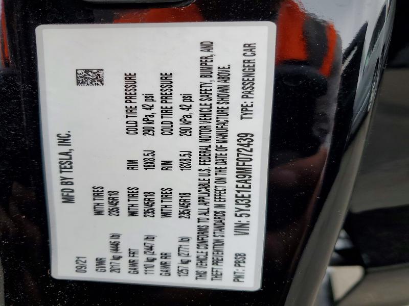 2021 Tesla Model 3 მანქანა იყიდება აუქციონზე, vin: 5YJ3E1EA9MF072439, აუქციონის ნომერი: 55994926