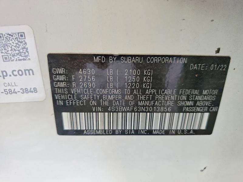 Продажа на аукционе авто 2022 Subaru Legacy, vin: 4S3BWAF63N3013856, номер лота: 57632156