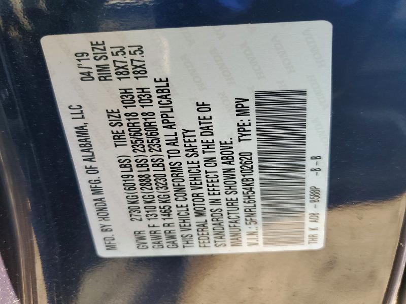 59060186 :رقم المزاد ، 5FNRL6H54KB102620 vin ، 2019 Honda Odyssey مزاد بيع