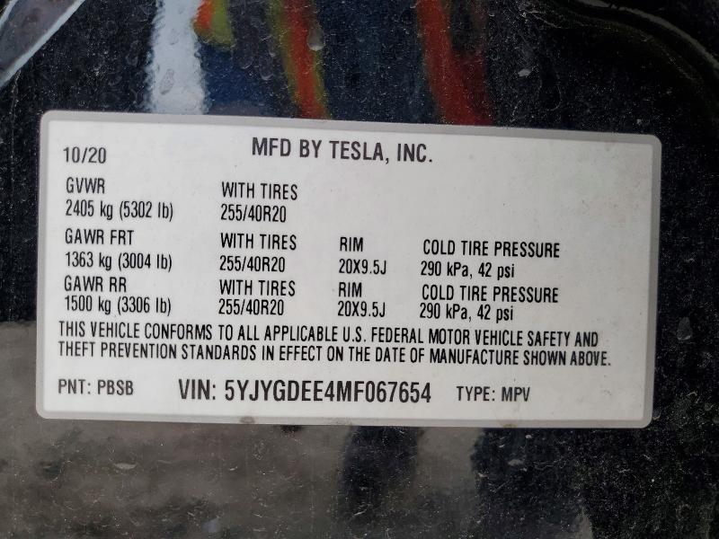 2021 Tesla Model Y მანქანა იყიდება აუქციონზე, vin: 5YJYGDEE4MF067654, აუქციონის ნომერი: 57682456