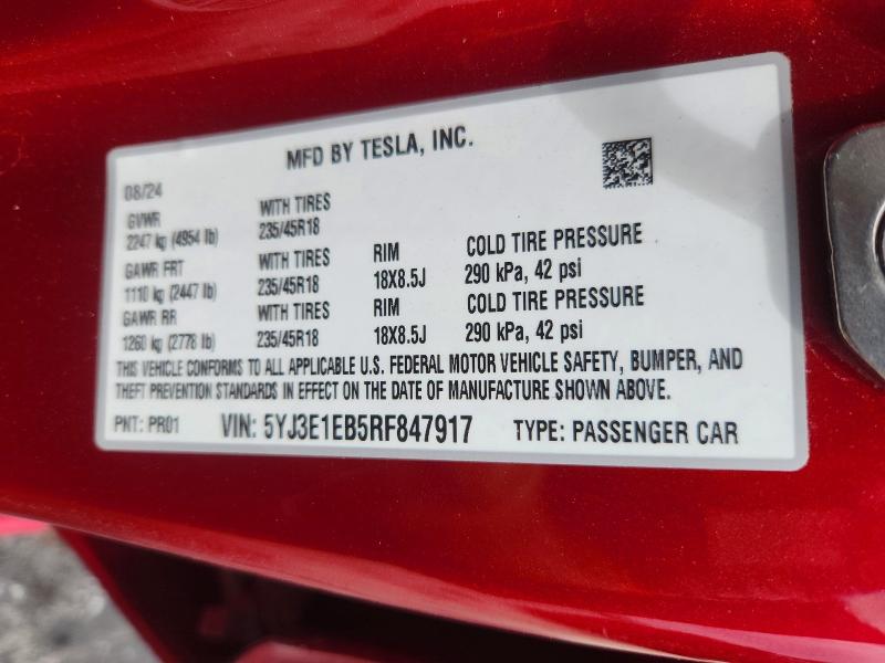 Продажа на аукционе авто 2024 Tesla Model 3, vin: 5YJ3E1EB5RF847917, номер лота: 57054236