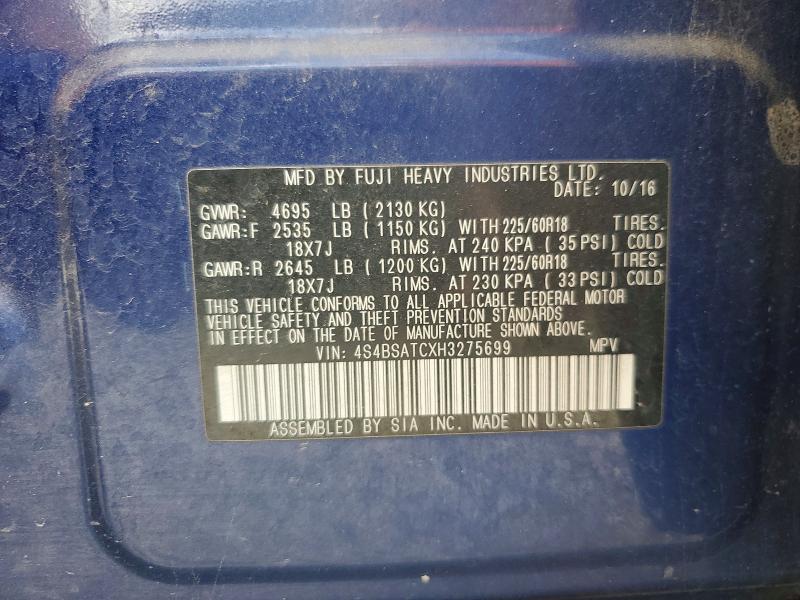 56274676 :رقم المزاد ، 4S4BSATCXH3275699 vin ، 2017 Subaru Outback مزاد بيع