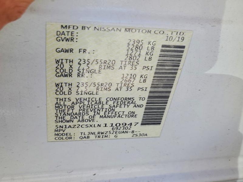 55818706 :رقم المزاد ، 5N1AZ2CSXLN110947 vin ، 2020 Nissan Murano مزاد بيع
