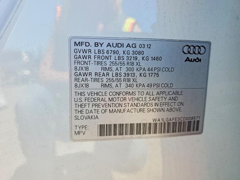 2012 Audi Q7 მანქანა იყიდება აუქციონზე, vin: WA1LGAFE3CD008571, აუქციონის ნომერი: 57047456