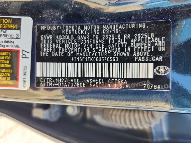 2016 Toyota Camry მანქანა იყიდება აუქციონზე, vin: 4T1BF1FK0GU576563, აუქციონის ნომერი: 56841326
