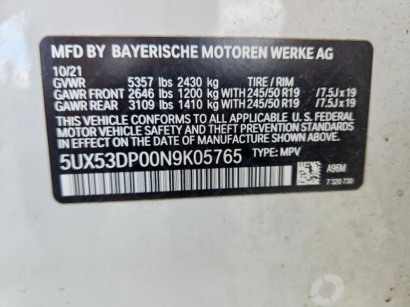 55709276 :رقم المزاد ، 5UX53DP00N9K05765 vin ، 2022 Bmw X3 مزاد بيع