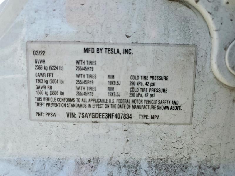 2022 Tesla Model Y მანქანა იყიდება აუქციონზე, vin: 7SAYGDEE3NF407834, აუქციონის ნომერი: 56178976