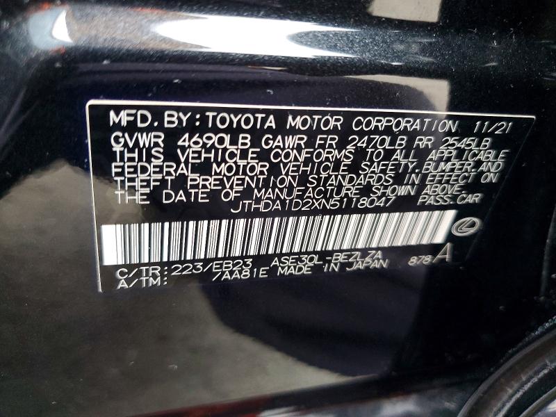 58966646 :رقم المزاد ، JTHDA1D2XN5118047 vin ، 2022 Lexus Is مزاد بيع