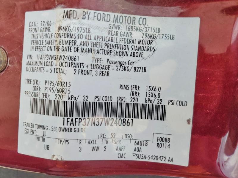 55404446 :رقم المزاد ، 1FAFP37N37W240861 vin ، 2007 Ford Focus مزاد بيع