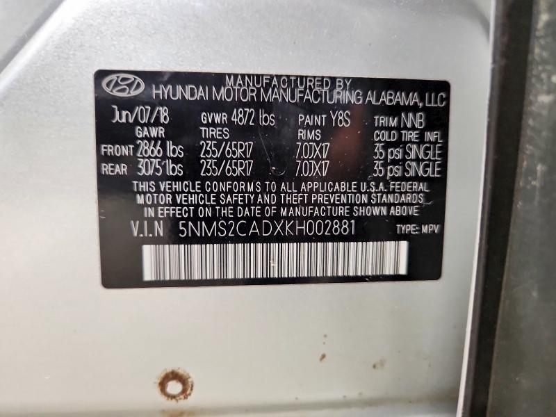Продажа на аукционе авто 2019 Hyundai Santa Fe, vin: 5NMS2CADXKH002881, номер лота: 56994646