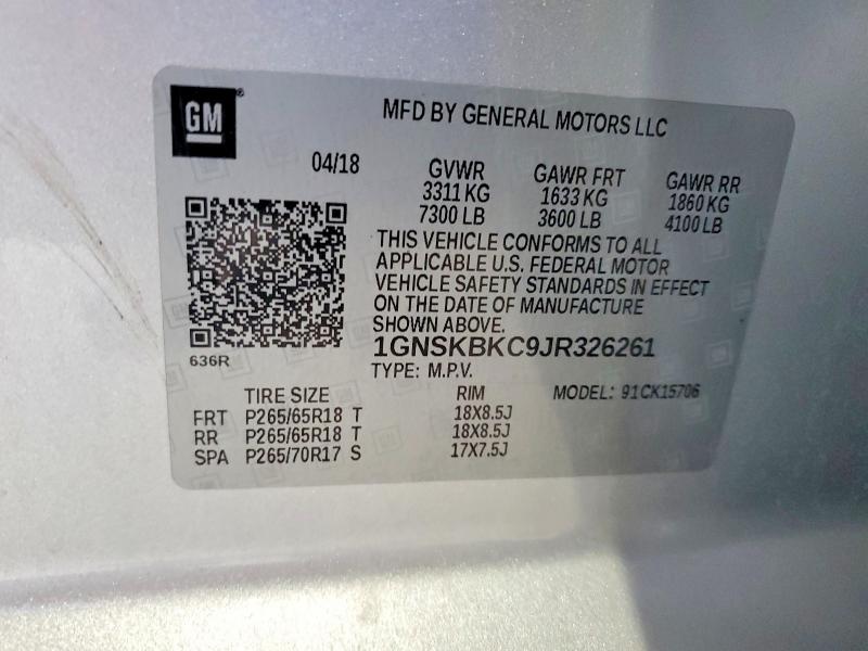 Продаж на аукціоні авто 2018 Chevrolet Tahoe, vin: 1GNSKBKC9JR326261, номер лоту: 58558846