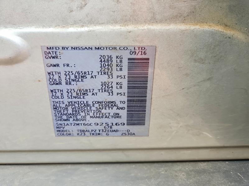 58978046 :رقم المزاد ، 5N1AT2MT6GC925169 vin ، 2016 Nissan Rogue مزاد بيع
