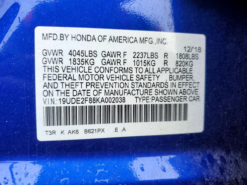58610686 :رقم المزاد ، 19UDE2F88KA002038 vin ، 2019 Acura Ilx مزاد بيع