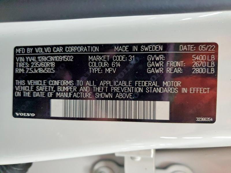 Aukcja sprzedaży 2022 Volvo Xc60, vin: YV4L12RK3N1091502, numer aukcji: 54592896