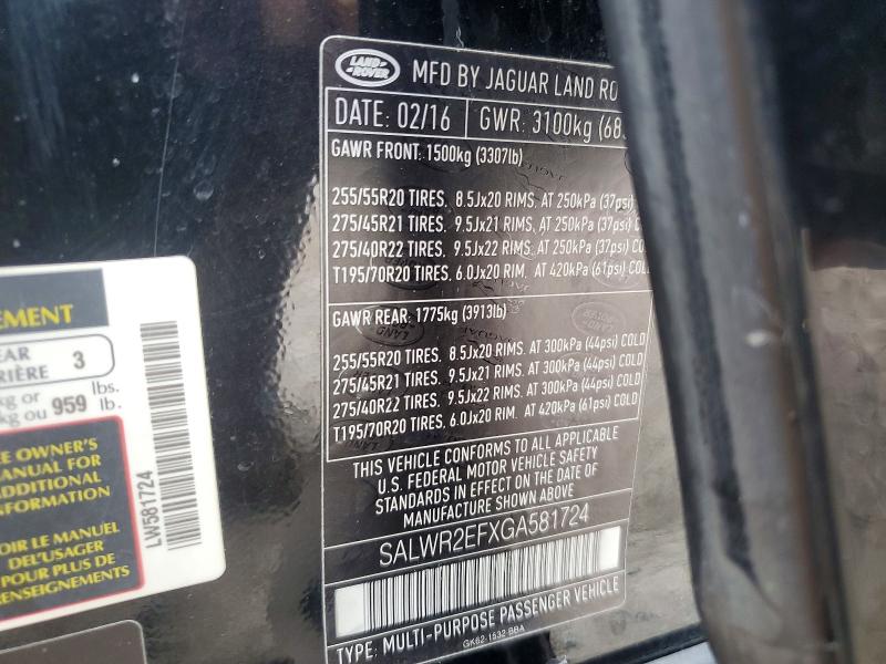 Aukcja sprzedaży 2016 Land Rover Range Rover Sport, vin: SALWR2EFXGA581724, numer aukcji: 56892356