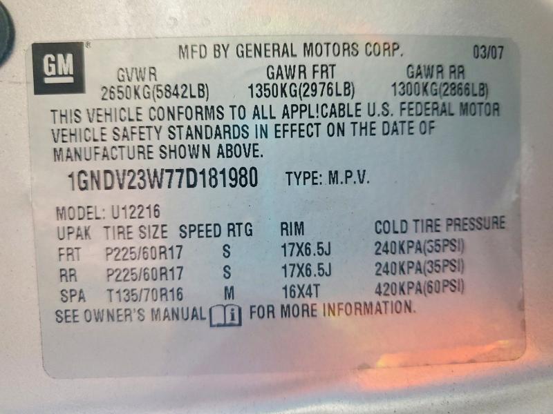 56703926 :رقم المزاد ، 1GNDV23W77D181980 vin ، 2007 Chevrolet Uplander مزاد بيع