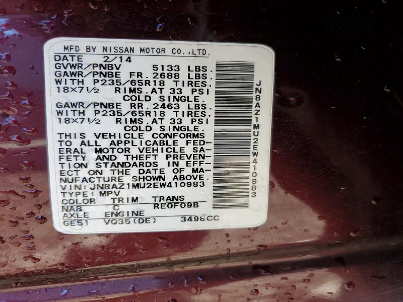 56242506 :رقم المزاد ، JN8AZ1MU2EW410983 vin ، 2014 Nissan Murano مزاد بيع