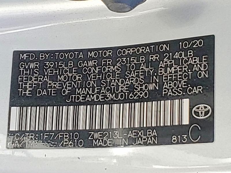 2021 Toyota Corolla მანქანა იყიდება აუქციონზე, vin: JTDEAMDE3MJ016290, აუქციონის ნომერი: 56549956