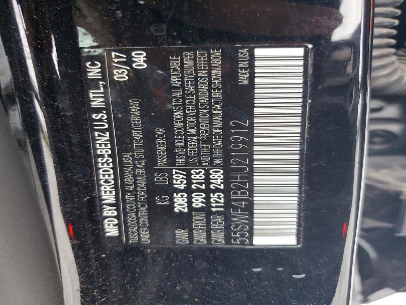 55811836 :رقم المزاد ، 55SWF4JB2HU219912 vin ، 2017 Mercedes-benz C مزاد بيع