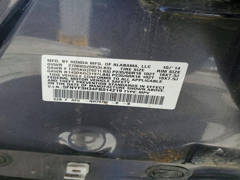 58639666 :رقم المزاد ، 5FNYF3H34FB014219 vin ، 2015 Honda Pilot مزاد بيع