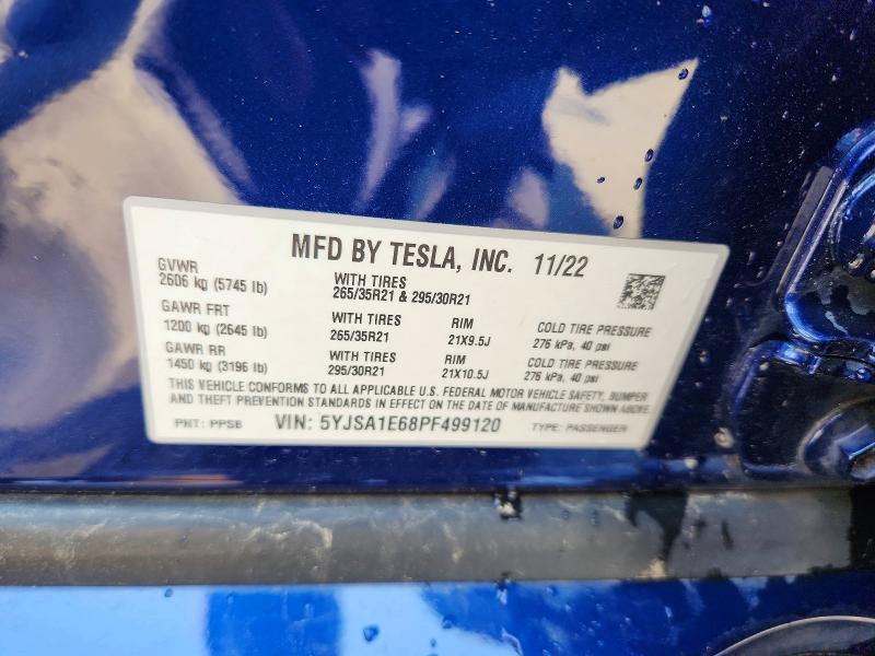 2023 Tesla Model S მანქანა იყიდება აუქციონზე, vin: 5YJSA1E68PF499120, აუქციონის ნომერი: 57398896