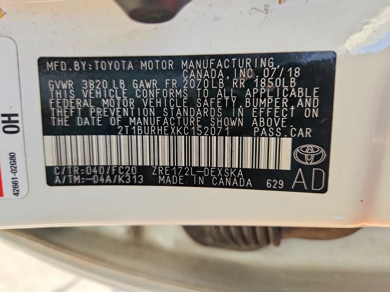 Aukcja sprzedaży 2019 Toyota Corolla, vin: 2T1BURHEXKC152071, numer aukcji: 55995796