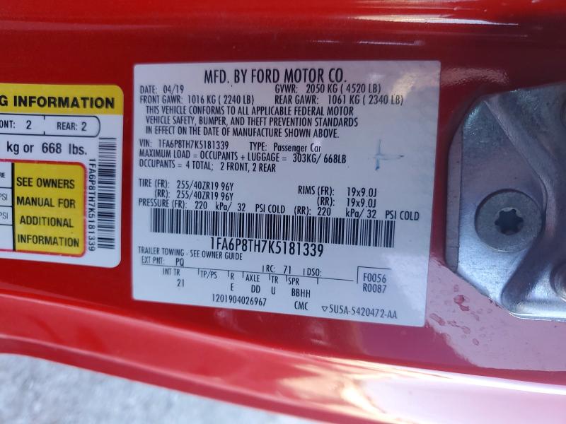 2019 Ford Mustang მანქანა იყიდება აუქციონზე, vin: 1FA6P8TH7K5181339, აუქციონის ნომერი: 57181896