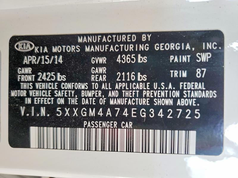 Aukcja sprzedaży 2014 Kia Optima, vin: 5XXGM4A74EG342725, numer aukcji: 57153116