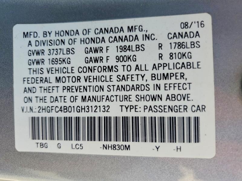 56262156 :رقم المزاد ، 2HGFC4B01GH312132 vin ، 2016 Honda Civic مزاد بيع