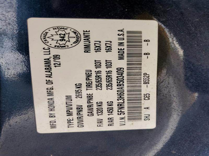 57236576 :رقم المزاد ، 5FNRL3H60AB503409 vin ، 2010 Honda Odyssey مزاد بيع