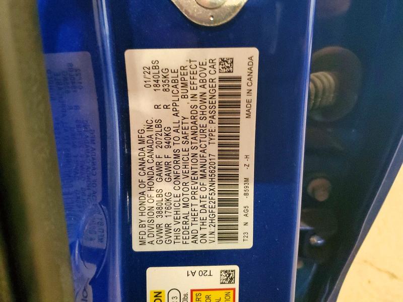 2022 Honda Civic მანქანა იყიდება აუქციონზე, vin: 2HGFE2F5XNH562017, აუქციონის ნომერი: 58176826