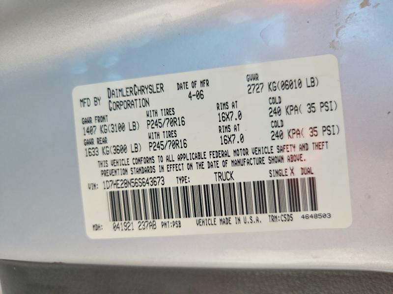 58751326 :رقم المزاد ، 1D7HE28N56S643673 vin ، 2006 Dodge Dakota مزاد بيع