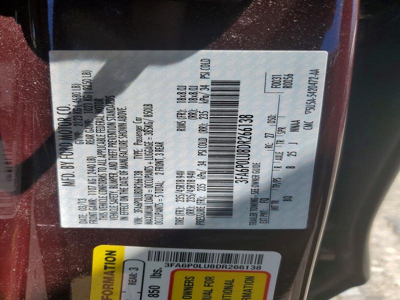 Продажа на аукционе авто 2013 Ford Fusion, vin: 3FA6P0LU8DR266138, номер лота: 56954716