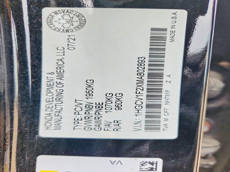 Продажа на аукционе авто 2021 Honda Accord, vin: 1HGCV1F2XMA802893, номер лота: 58252456