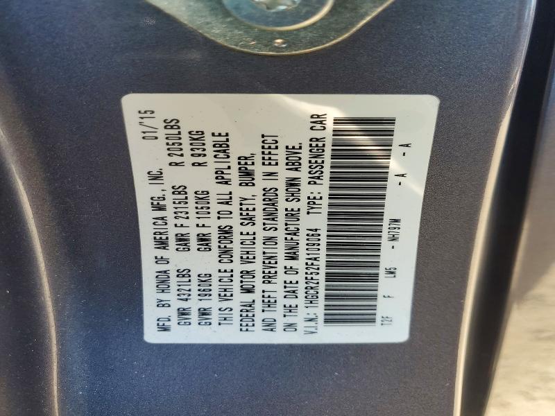 Auction sale of the 2015 Honda Accord, vin: 1HGCR2F52FA109064, lot number: 57085016