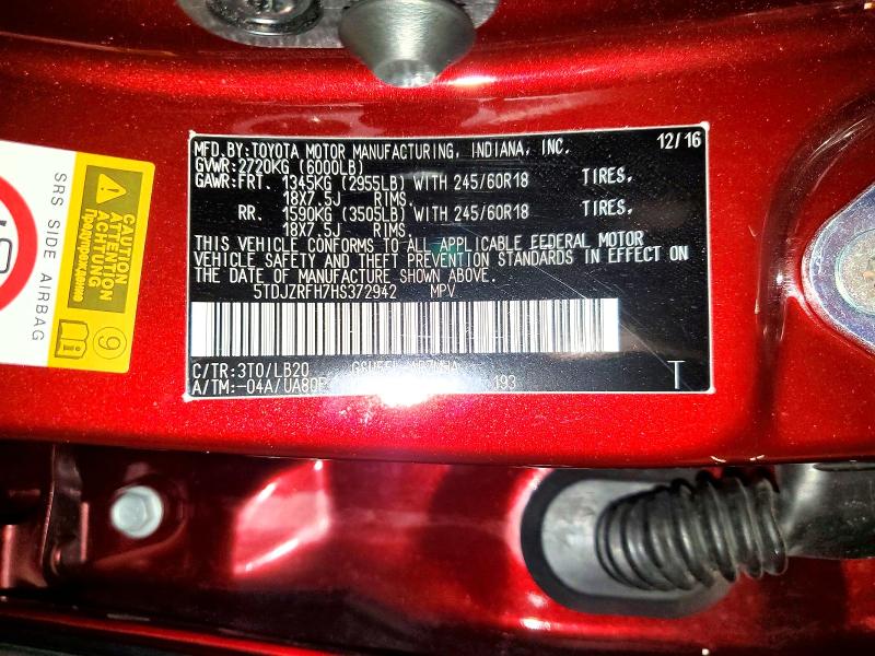 Aukcja sprzedaży 2017 Toyota Highlander, vin: 5TDJZRFH7HS372942, numer aukcji: 57436996