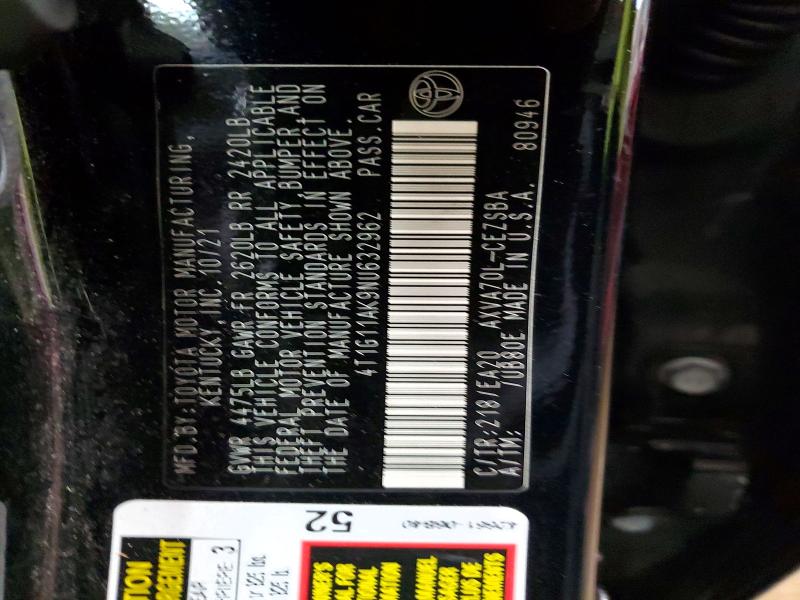 Продажа на аукционе авто 2022 Toyota Camry, vin: 4T1G11AK9NU632962, номер лота: 57935256