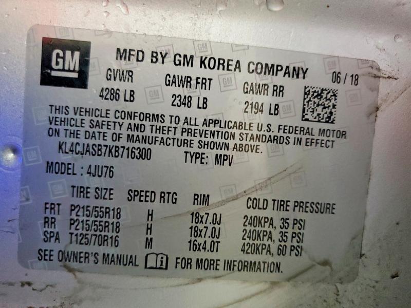 2019 Buick Encore მანქანა იყიდება აუქციონზე, vin: KL4CJASB7KB716300, აუქციონის ნომერი: 56470616