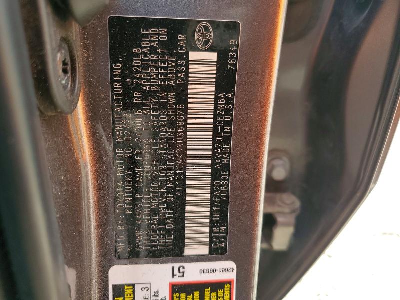 Продаж на аукціоні авто 2022 Toyota Camry, vin: 4T1C11AK3NU668676, номер лоту: 55914006
