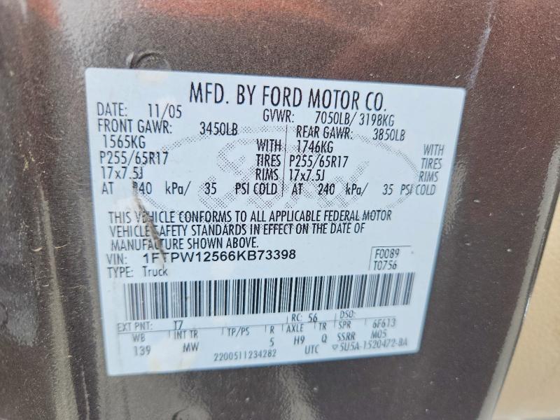 2006 Ford F150 მანქანა იყიდება აუქციონზე, vin: 1FTPW12566KB73398, აუქციონის ნომერი: 57722696