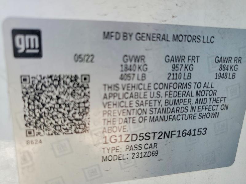 58252276 :رقم المزاد ، 1G1ZD5ST2NF164153 vin ، 2022 Chevrolet Malibu مزاد بيع