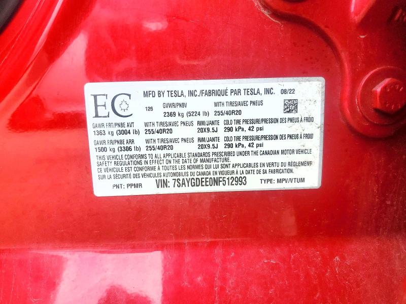 2022 Tesla Model Y მანქანა იყიდება აუქციონზე, vin: 7SAYGDEE0NF512993, აუქციონის ნომერი: 57128746