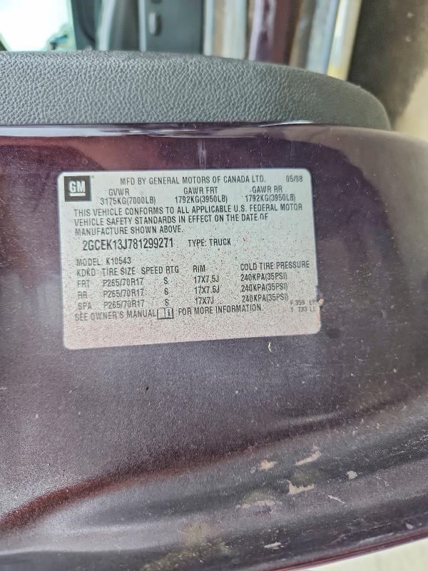 58943856 :رقم المزاد ، 2GCEK13J781299271 vin ، 2008 Chevrolet Silverado مزاد بيع