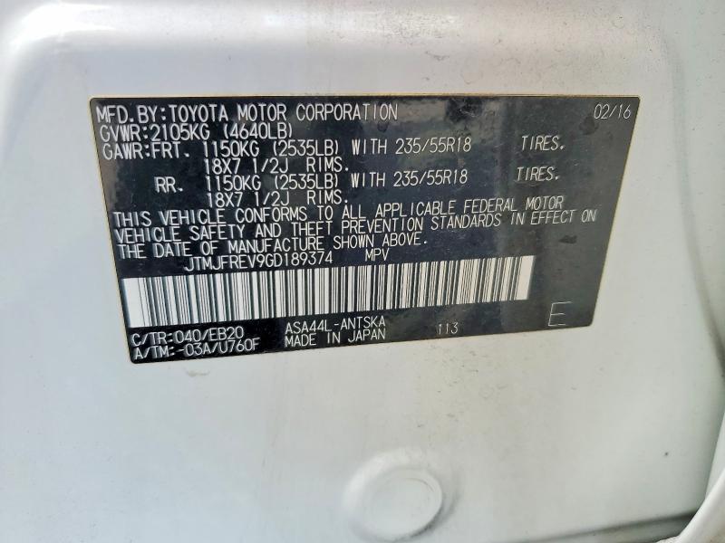 Продаж на аукціоні авто 2016 Toyota Rav4, vin: JTMJFREV9GD189374, номер лоту: 58125026