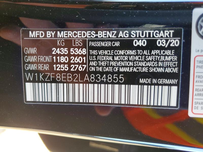 2020 Mercedes-benz E მანქანა იყიდება აუქციონზე, vin: W1KZF8EB2LA834855, აუქციონის ნომერი: 56771376